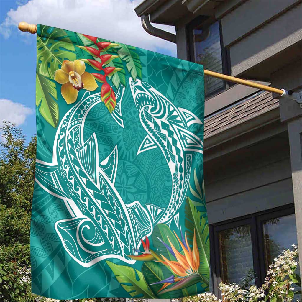 Polynesia Garden Flag Sharks Duo Tropical Teal
