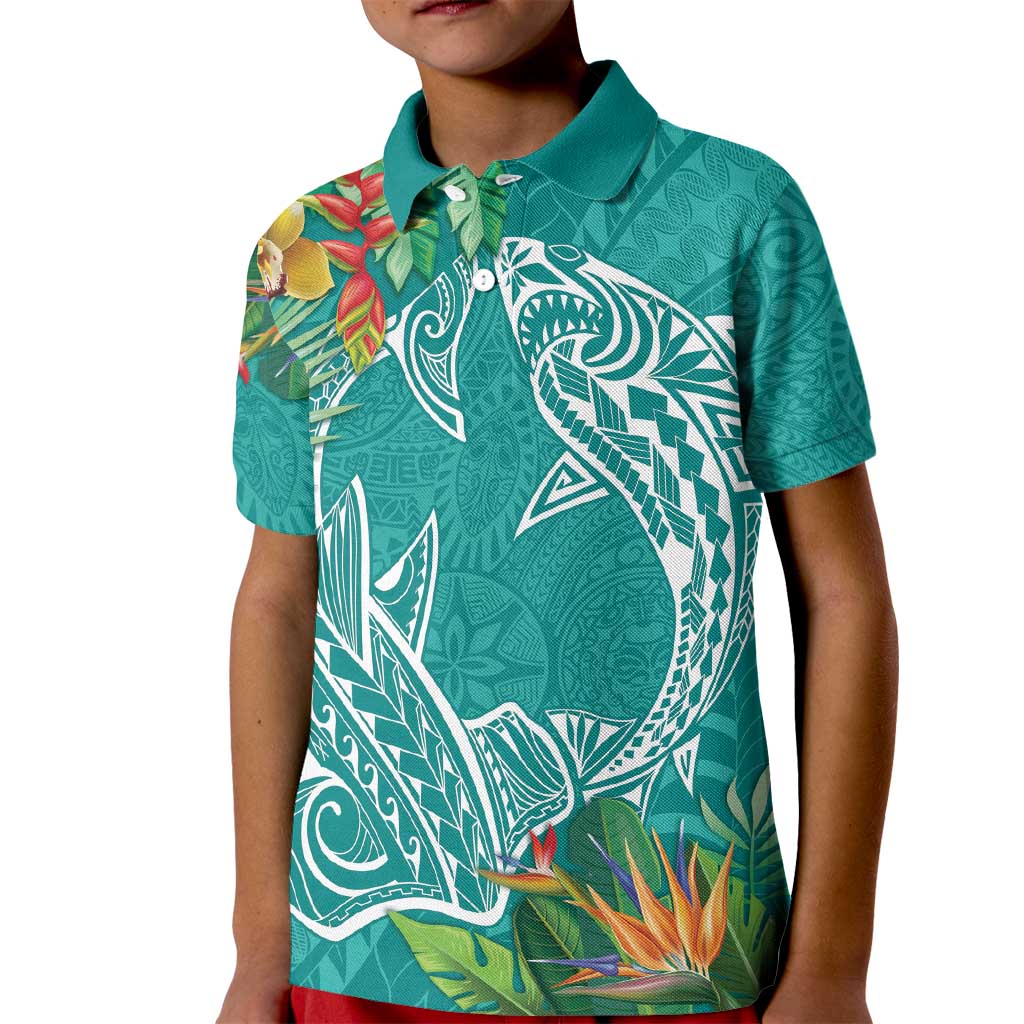 Polynesia Kid Polo Shirt Sharks Duo Tropical Teal LT7 Kid Teal - Polynesian Pride