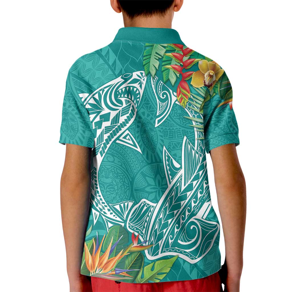 Polynesia Kid Polo Shirt Sharks Duo Tropical Teal LT7 - Polynesian Pride