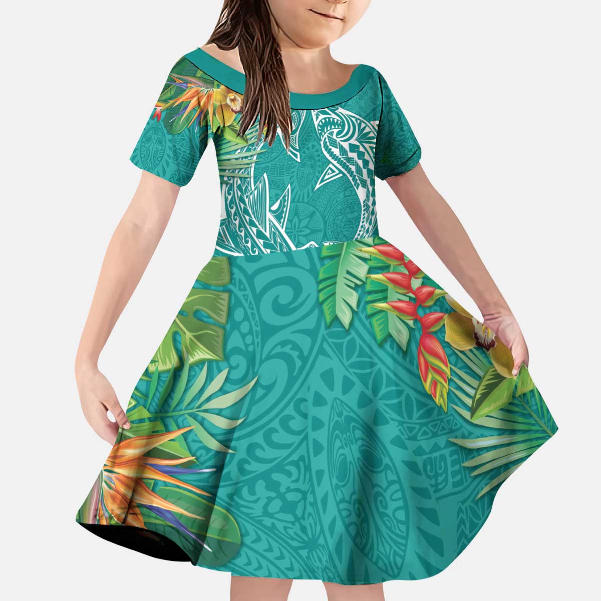 Polynesia Kid Short Sleeve Dress Sharks Duo Tropical Teal LT7 KID Teal - Polynesian Pride