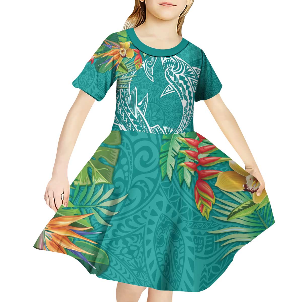 Polynesia Kid Short Sleeve Dress Sharks Duo Tropical Teal LT7 - Polynesian Pride
