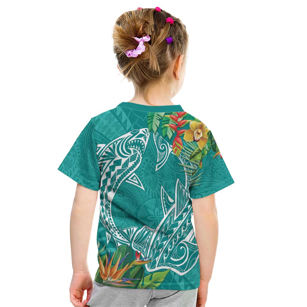 Polynesia Kid T Shirt Sharks Duo Tropical Teal LT7 - Polynesian Pride