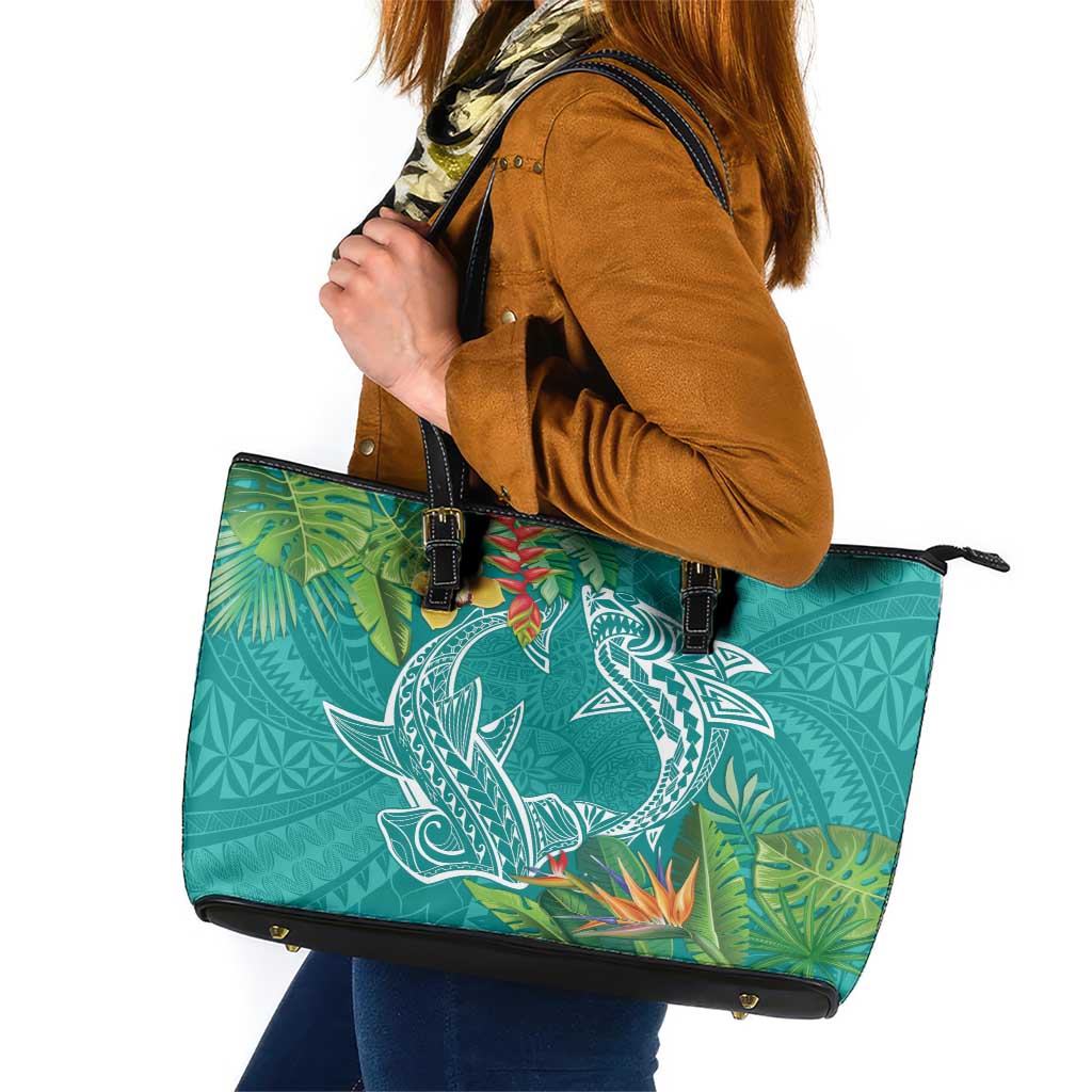 Polynesia Leather Tote Bag Sharks Duo Tropical Teal LT7 Teal - Polynesian Pride