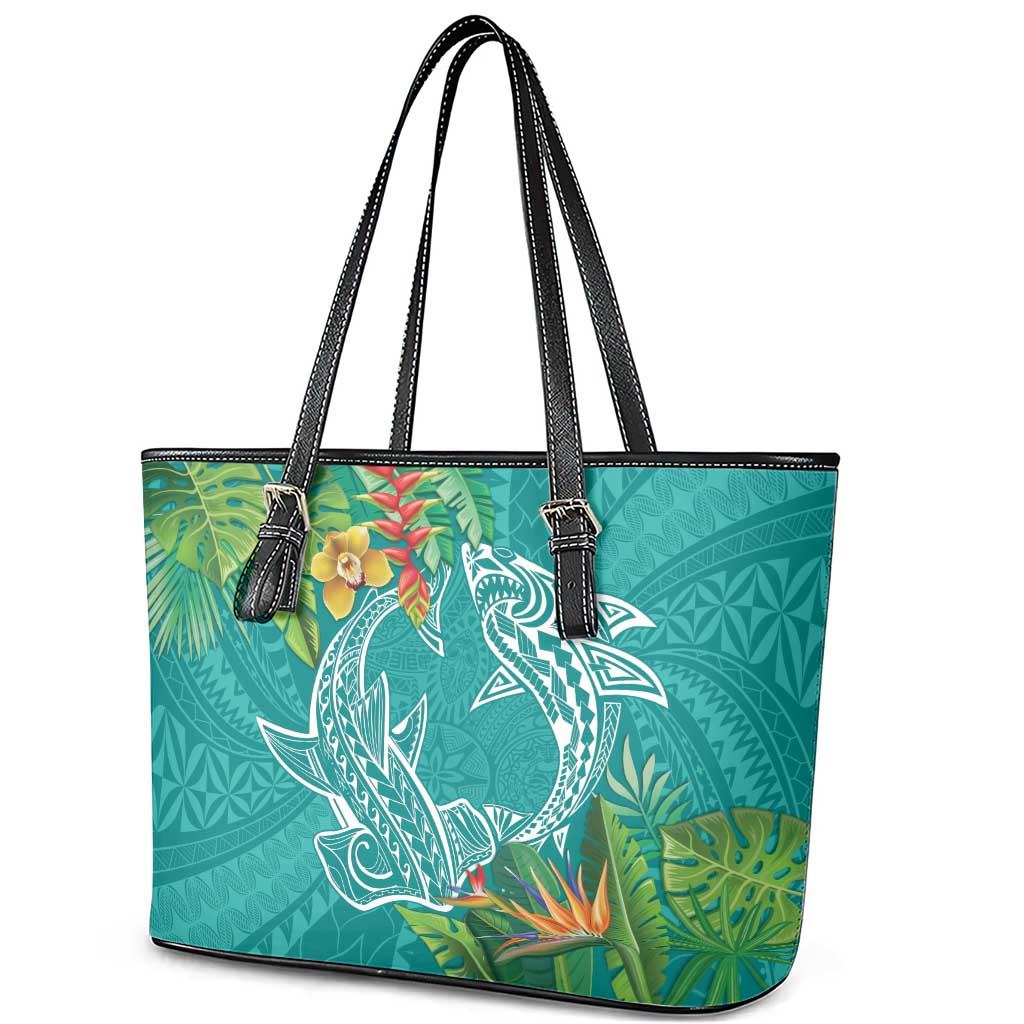 Polynesia Leather Tote Bag Sharks Duo Tropical Teal LT7 - Polynesian Pride