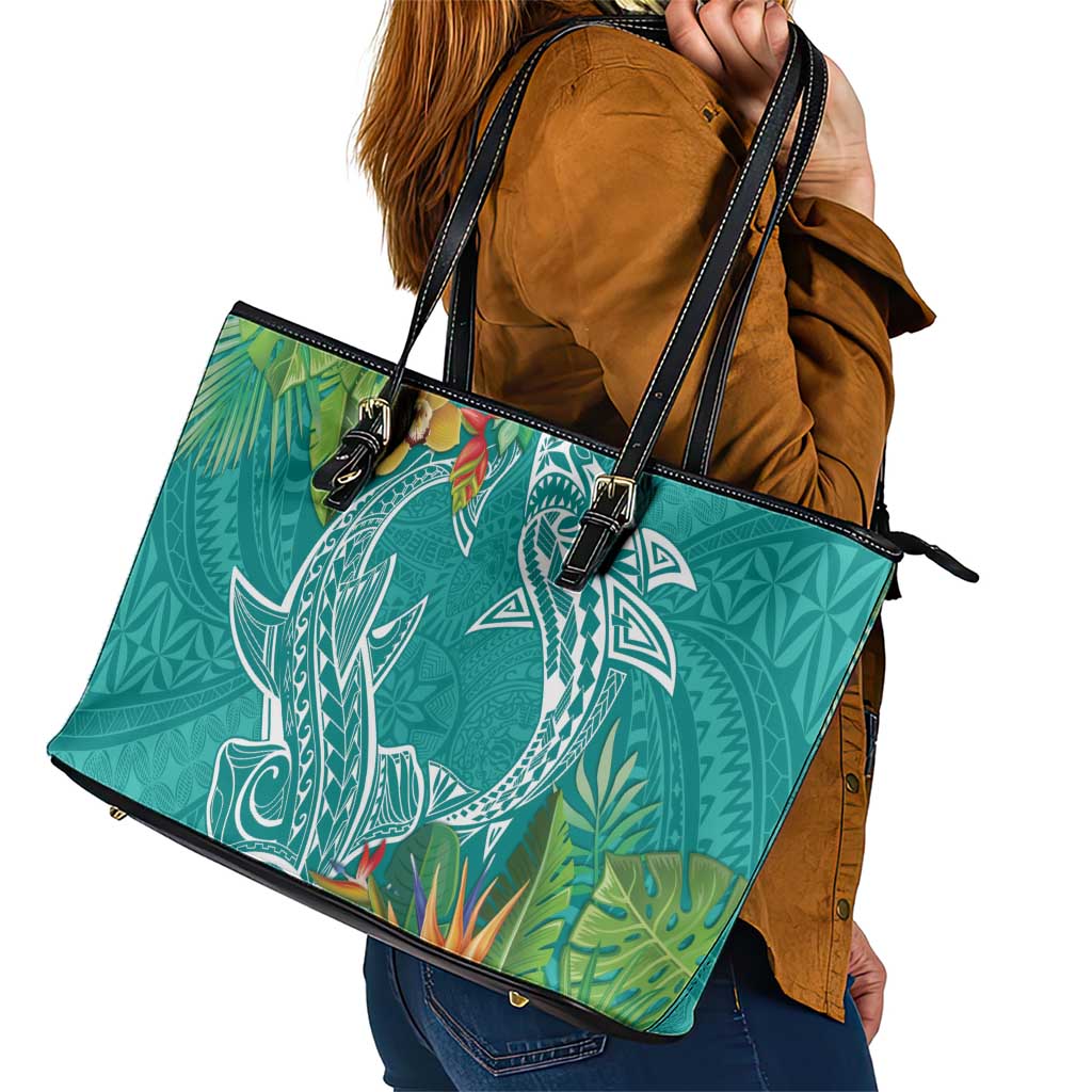 Polynesia Leather Tote Bag Sharks Duo Tropical Teal LT7 - Polynesian Pride