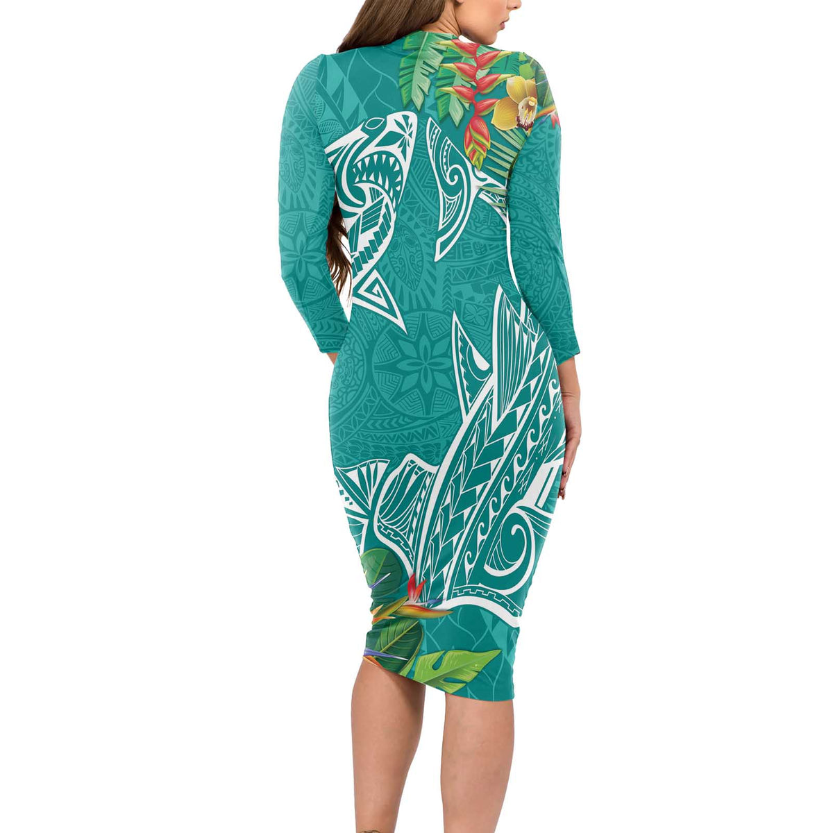 Polynesia Long Sleeve Bodycon Dress Sharks Duo Tropical Teal