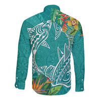 Polynesia Long Sleeve Button Shirt Sharks Duo Tropical Teal