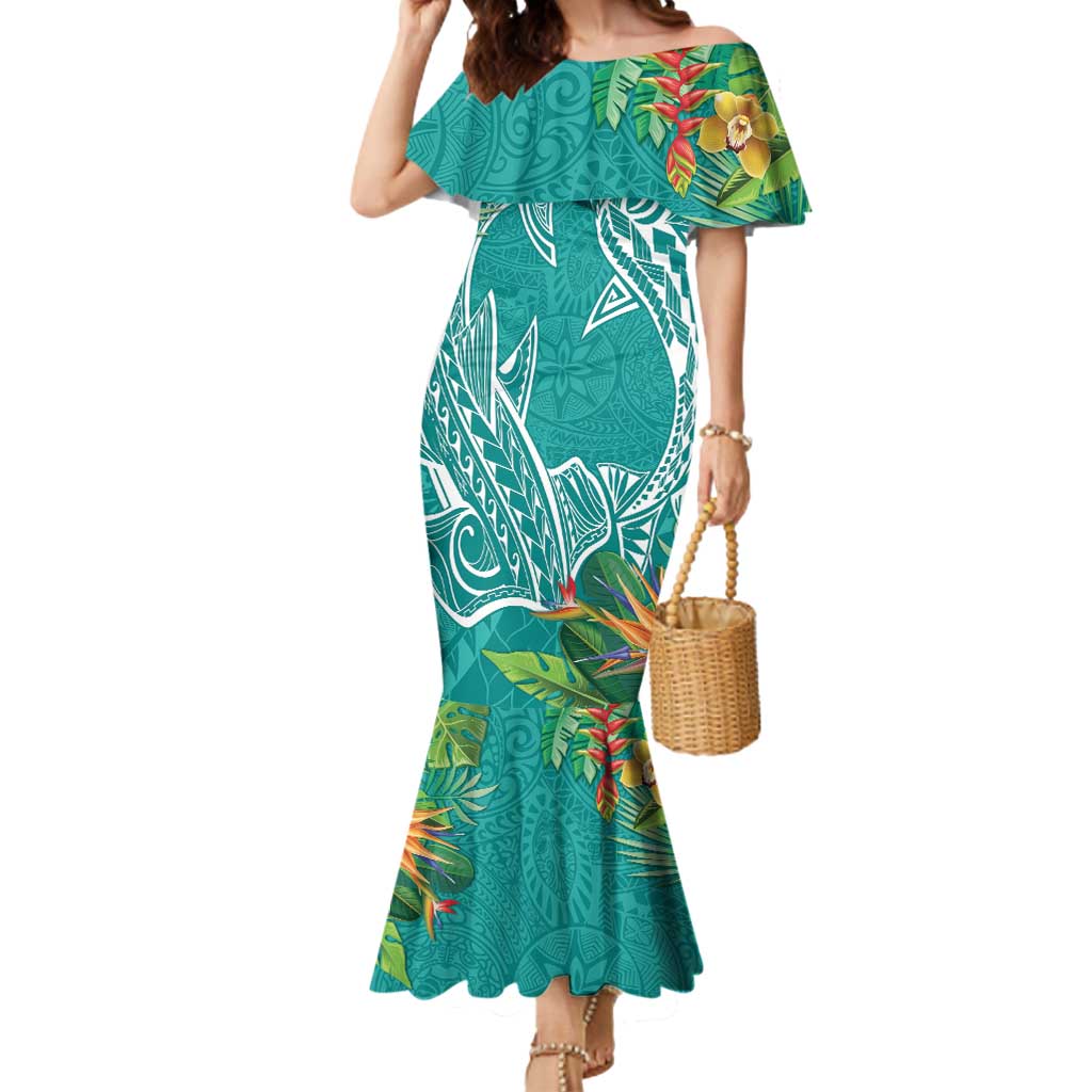 Polynesia Mermaid Dress Sharks Duo Tropical Teal