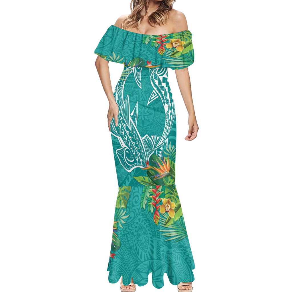 Polynesia Mermaid Dress Sharks Duo Tropical Teal LT7 - Polynesian Pride