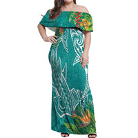 Polynesia Off Shoulder Maxi Dress Sharks Duo Tropical Teal LT7 Women Teal - Polynesian Pride