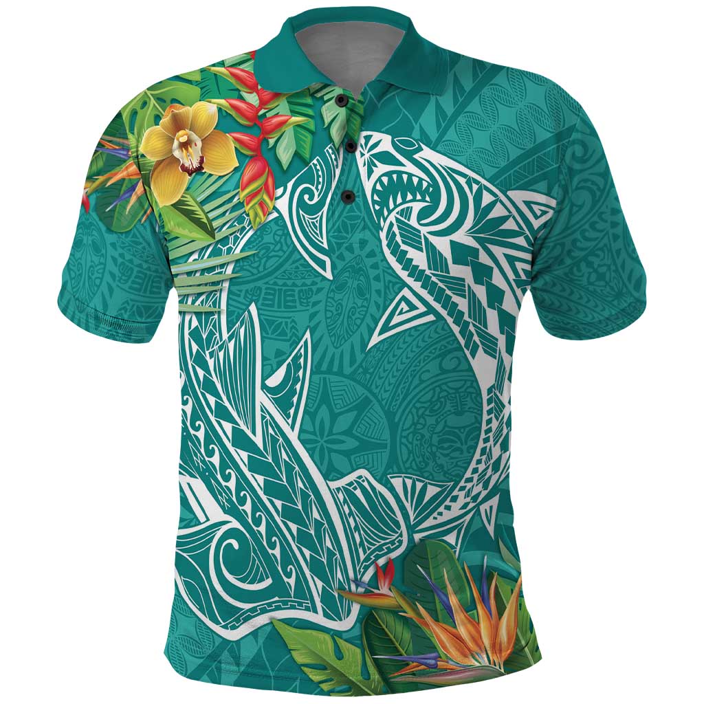 Polynesia Polo Shirt Sharks Duo Tropical Teal