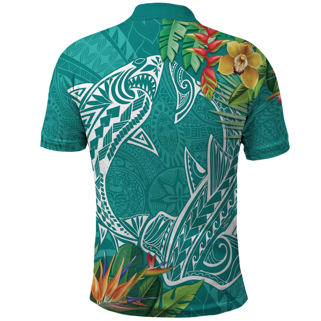 Polynesia Polo Shirt Sharks Duo Tropical Teal