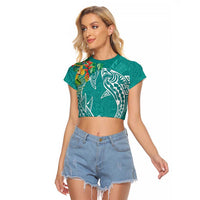 Polynesia Raglan Cropped T Shirt Sharks Duo Tropical Teal LT7 Female Teal - Polynesian Pride