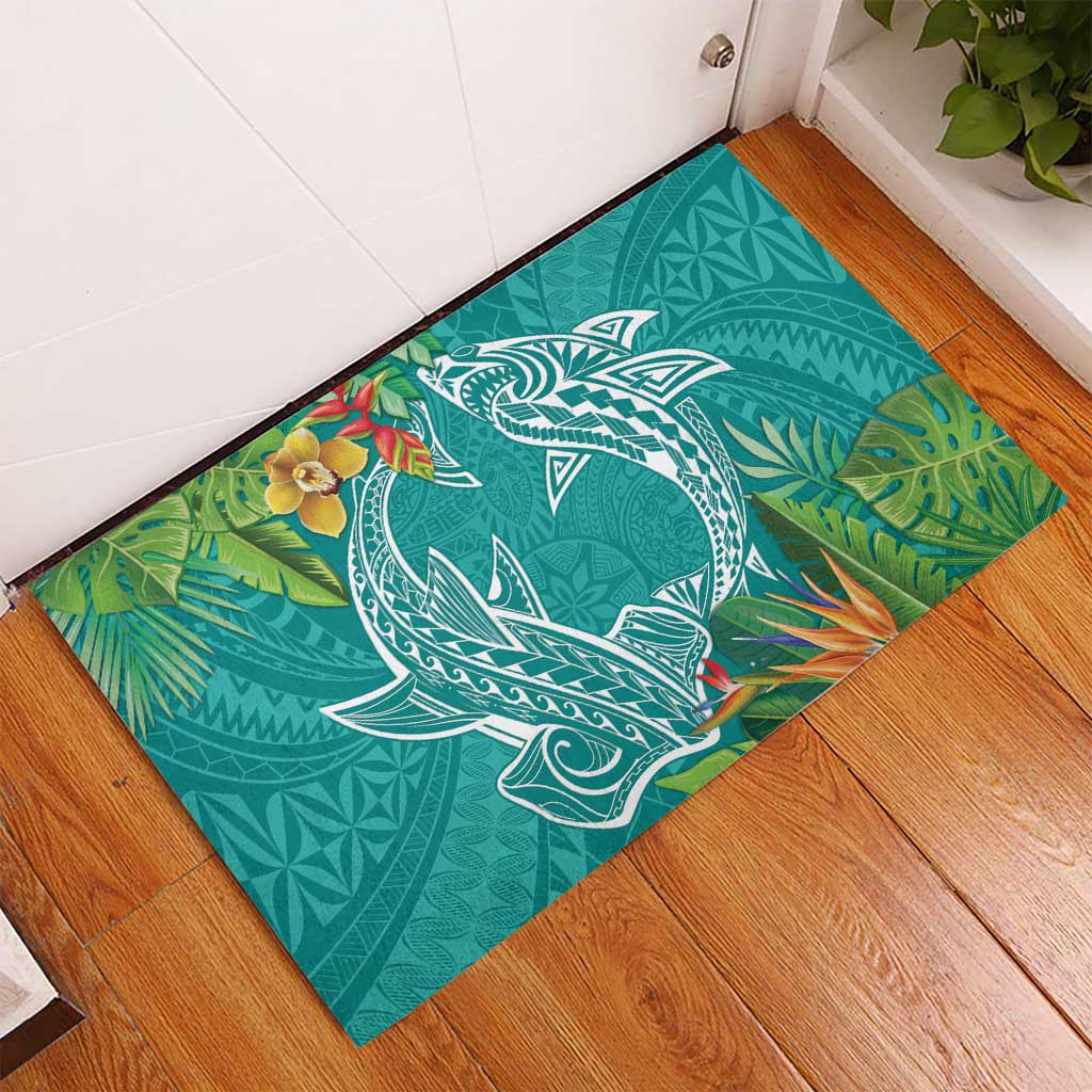 Polynesia Rubber Doormat Sharks Duo Tropical Teal