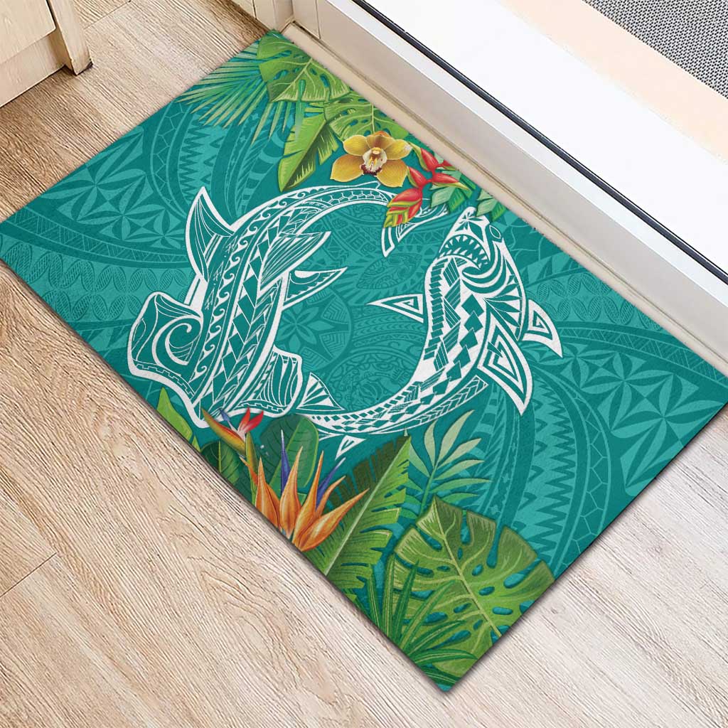 Polynesia Rubber Doormat Sharks Duo Tropical Teal