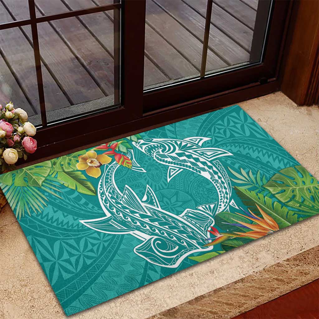 Polynesia Rubber Doormat Sharks Duo Tropical Teal