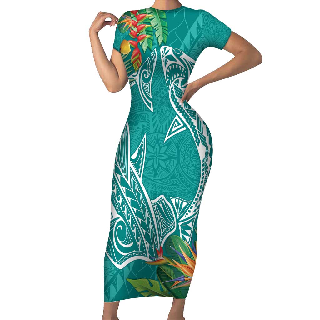 Polynesia Short Sleeve Bodycon Dress Sharks Duo Tropical Teal LT7 Long Dress Teal - Polynesian Pride