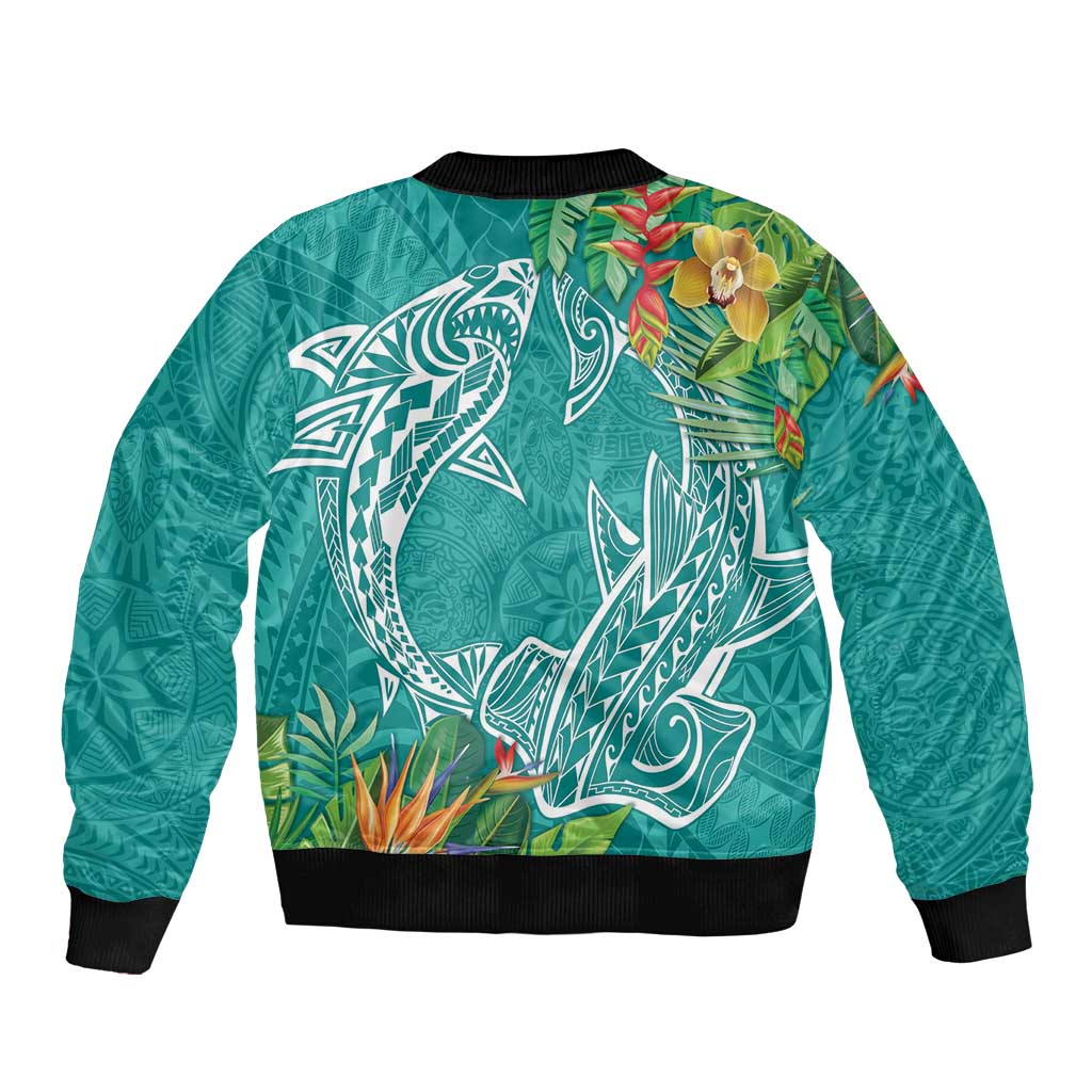 Polynesia Sleeve Zip Bomber Jacket Sharks Duo Tropical Teal