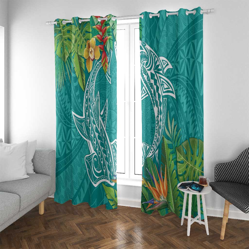 Polynesia Window Curtain Sharks Duo Tropical Teal