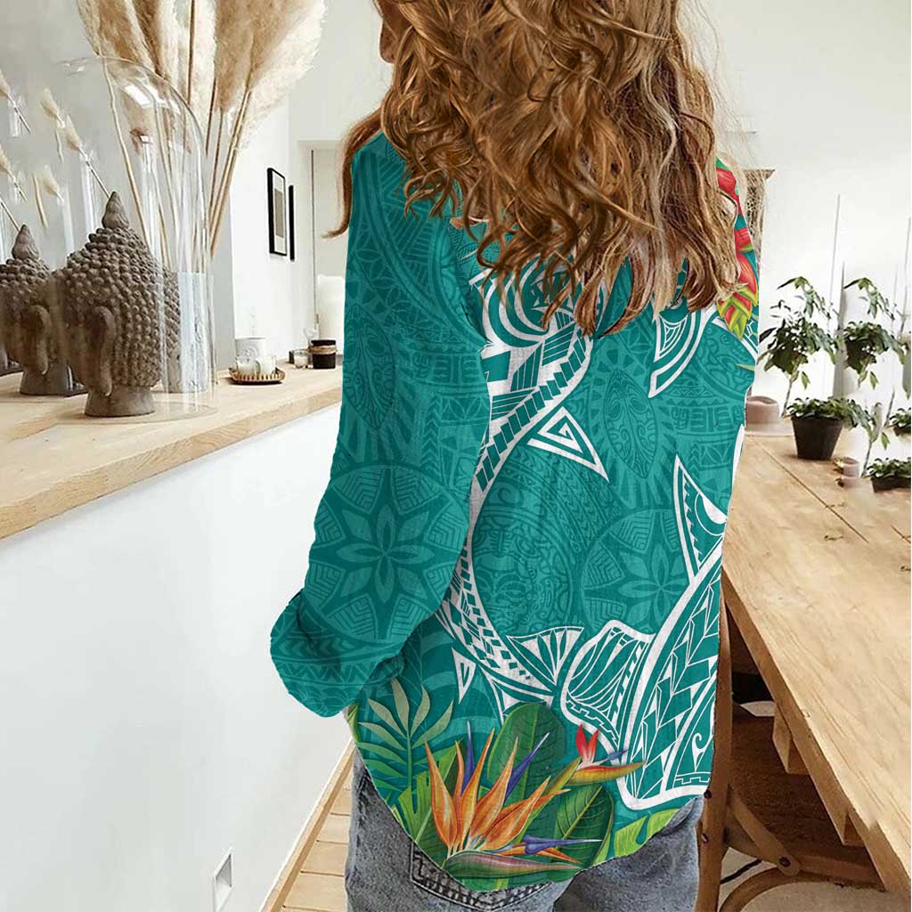 Polynesia Women Casual Shirt Sharks Duo Tropical Teal LT7 - Polynesian Pride