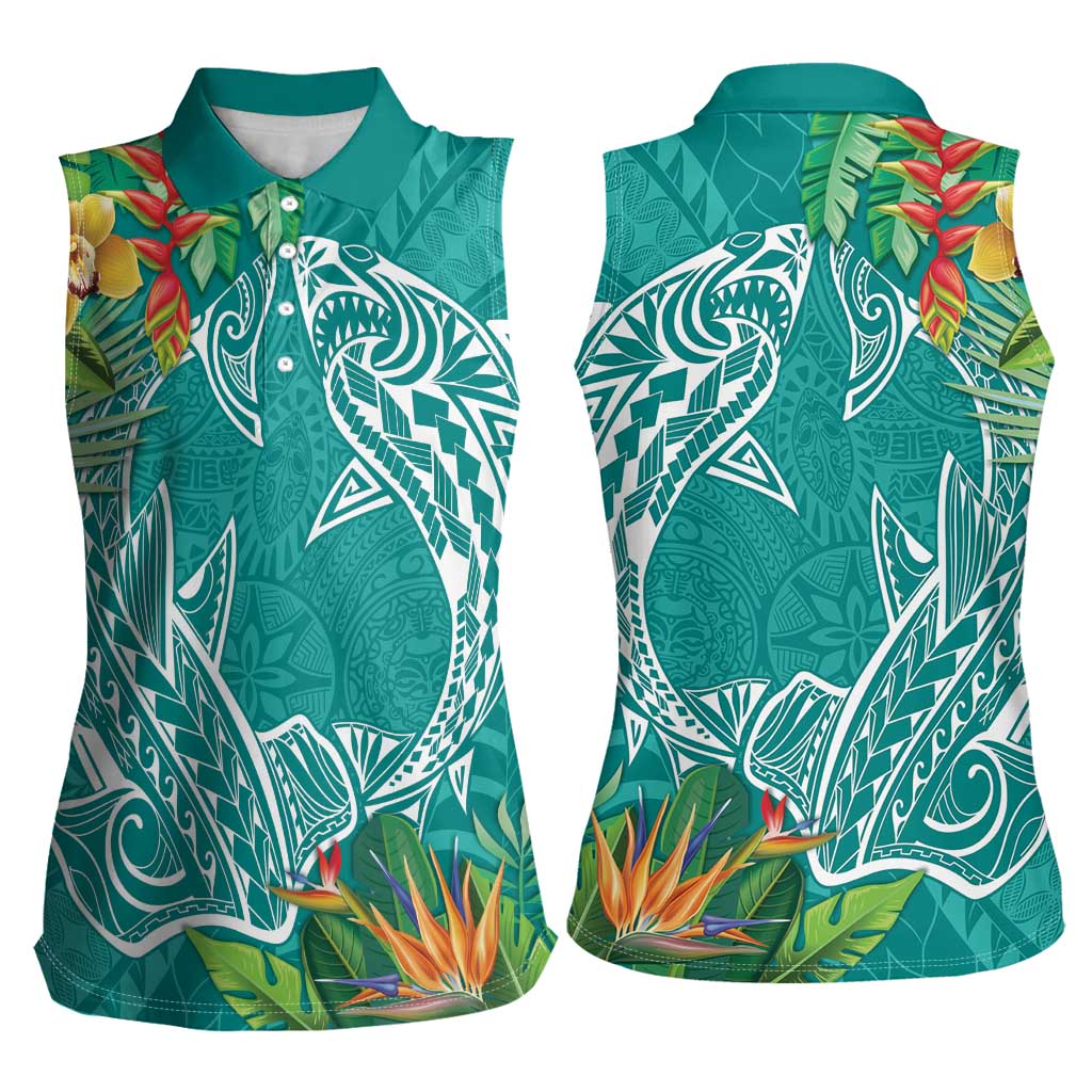 Polynesia Women Sleeveless Polo Shirt Sharks Duo Tropical Teal LT7 - Polynesian Pride
