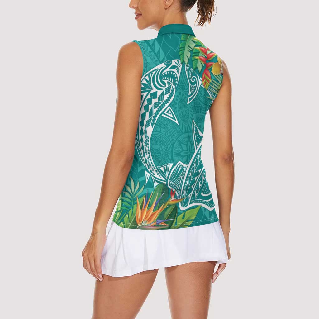 Polynesia Women Sleeveless Polo Shirt Sharks Duo Tropical Teal LT7 - Polynesian Pride