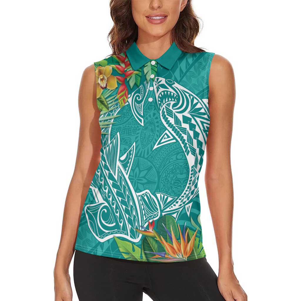 Polynesia Women Sleeveless Polo Shirt Sharks Duo Tropical Teal LT7 - Polynesian Pride