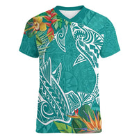 Polynesia Women V-Neck T-Shirt Sharks Duo Tropical Teal LT7 Female Teal - Polynesian Pride