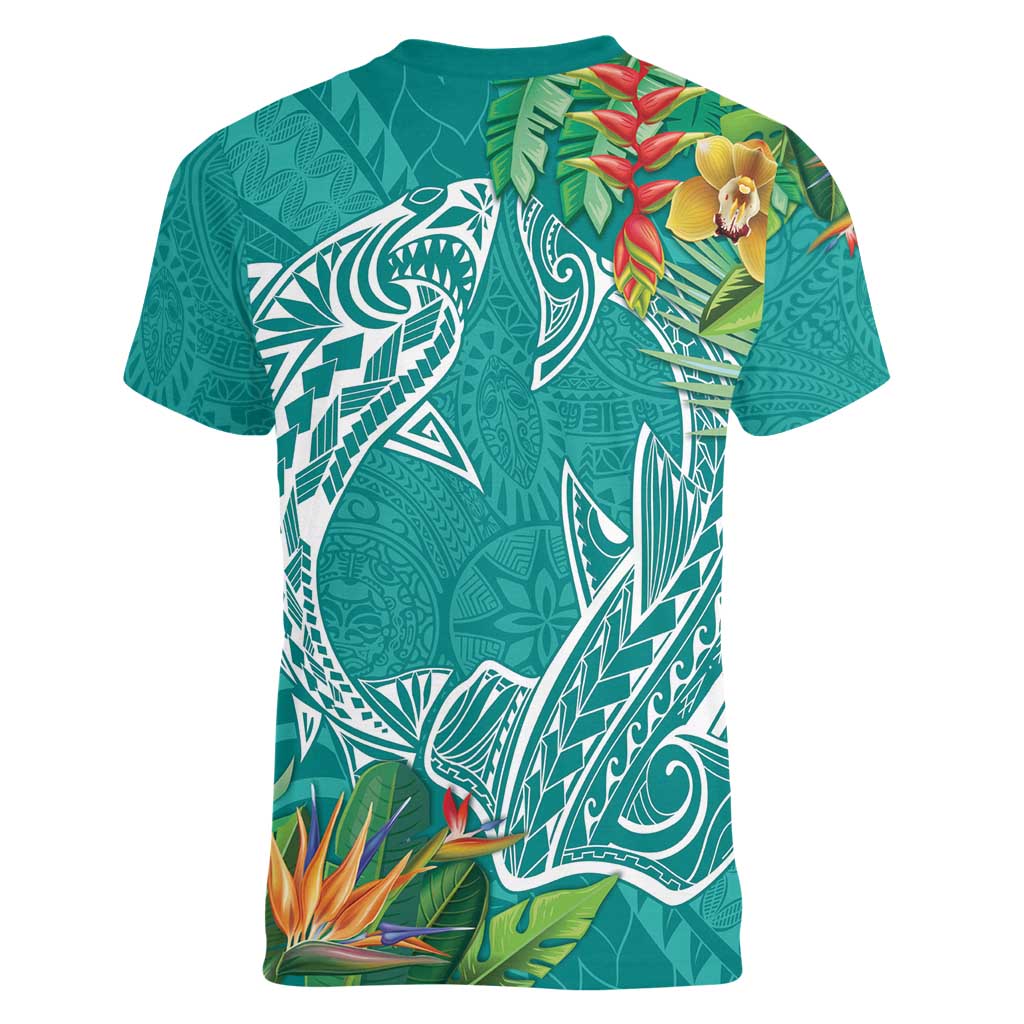 Polynesia Women V-Neck T-Shirt Sharks Duo Tropical Teal LT7 - Polynesian Pride