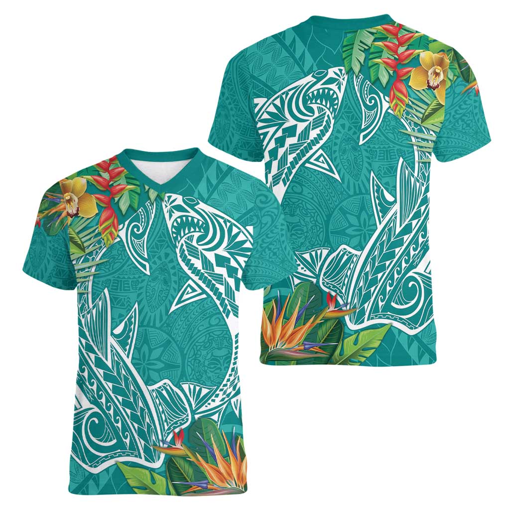 Polynesia Women V-Neck T-Shirt Sharks Duo Tropical Teal LT7 - Polynesian Pride