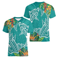 Polynesia Women V-Neck T-Shirt Sharks Duo Tropical Teal LT7 - Polynesian Pride