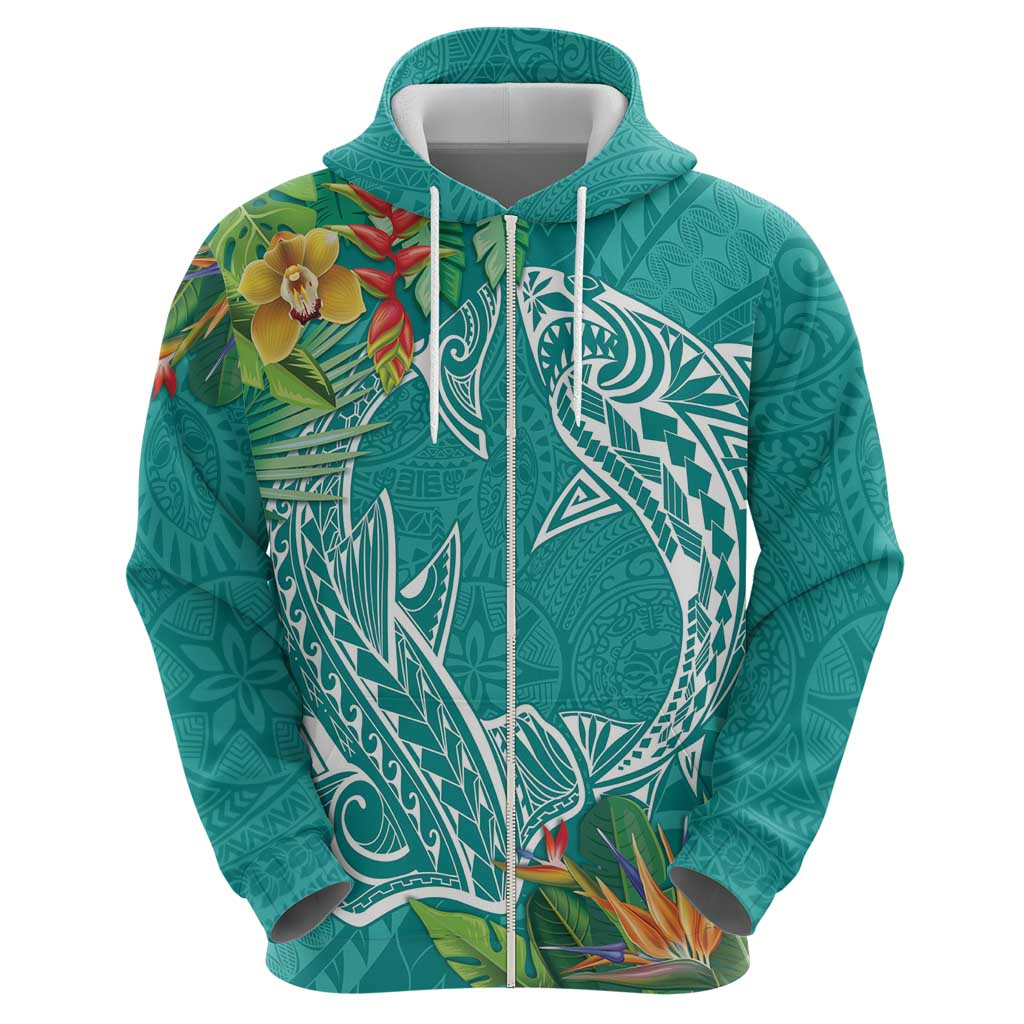 Polynesia Zip Hoodie Sharks Duo Tropical Teal LT7 - Polynesian Pride