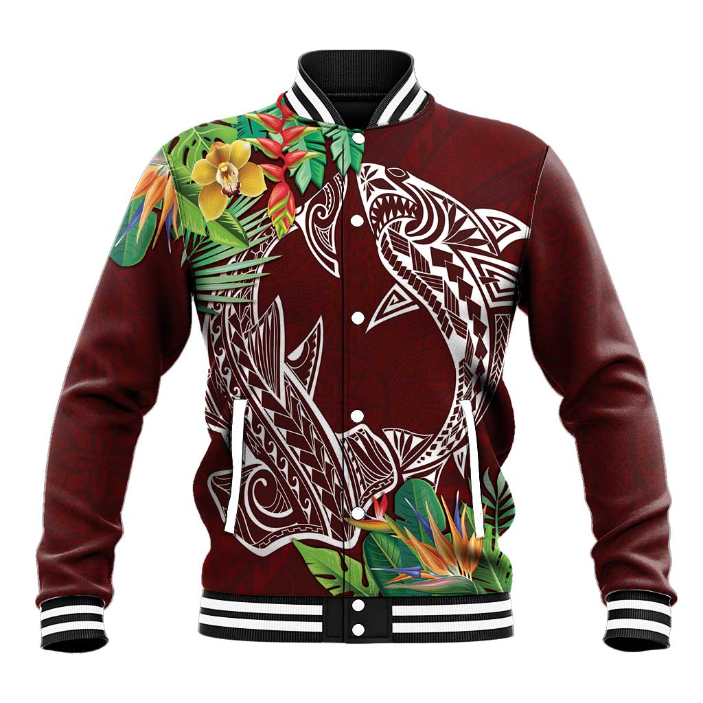 Polynesia Baseball Jacket Sharks Duo Tropical Oxblood LT7 Unisex Oxblood - Polynesian Pride