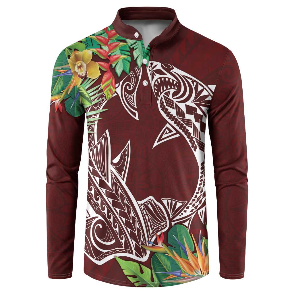 Polynesia Button Sweatshirt Sharks Duo Tropical Oxblood LT7 Oxblood - Polynesian Pride
