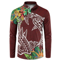 Polynesia Button Sweatshirt Sharks Duo Tropical Oxblood LT7 Oxblood - Polynesian Pride