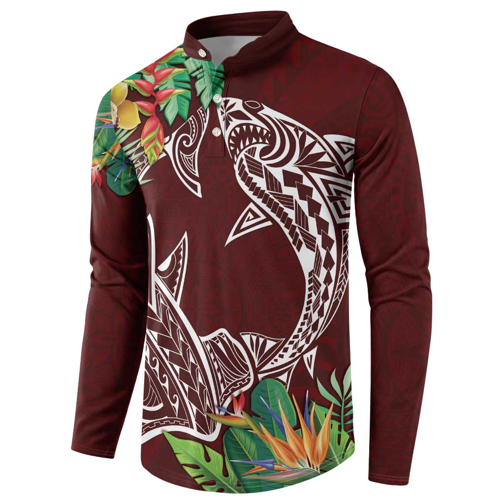 Polynesia Button Sweatshirt Sharks Duo Tropical Oxblood LT7 - Polynesian Pride