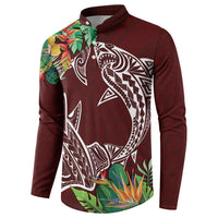 Polynesia Button Sweatshirt Sharks Duo Tropical Oxblood LT7 - Polynesian Pride