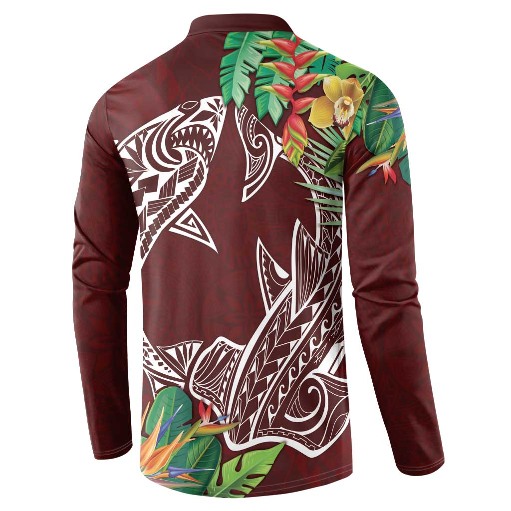 Polynesia Button Sweatshirt Sharks Duo Tropical Oxblood LT7 - Polynesian Pride