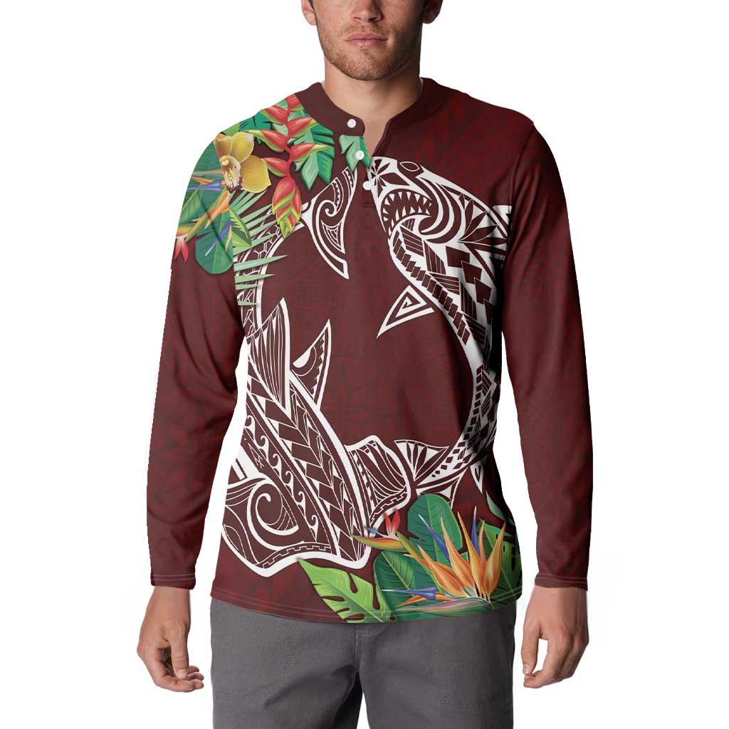 Polynesia Button Sweatshirt Sharks Duo Tropical Oxblood LT7 - Polynesian Pride