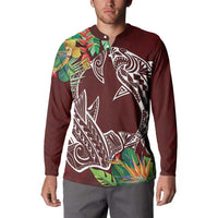 Polynesia Button Sweatshirt Sharks Duo Tropical Oxblood LT7 - Polynesian Pride
