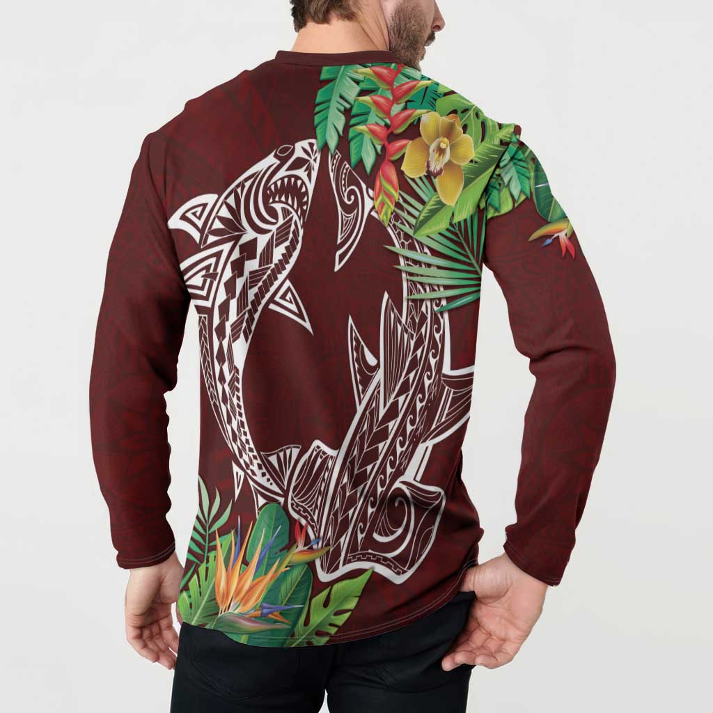 Polynesia Button Sweatshirt Sharks Duo Tropical Oxblood LT7 - Polynesian Pride