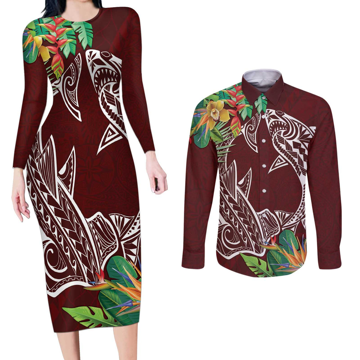 Polynesia Couples Matching Long Sleeve Bodycon Dress and Long Sleeve Button Shirt Sharks Duo Tropical Oxblood