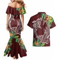 Polynesia Couples Matching Mermaid Dress and Hawaiian Shirt Sharks Duo Tropical Oxblood