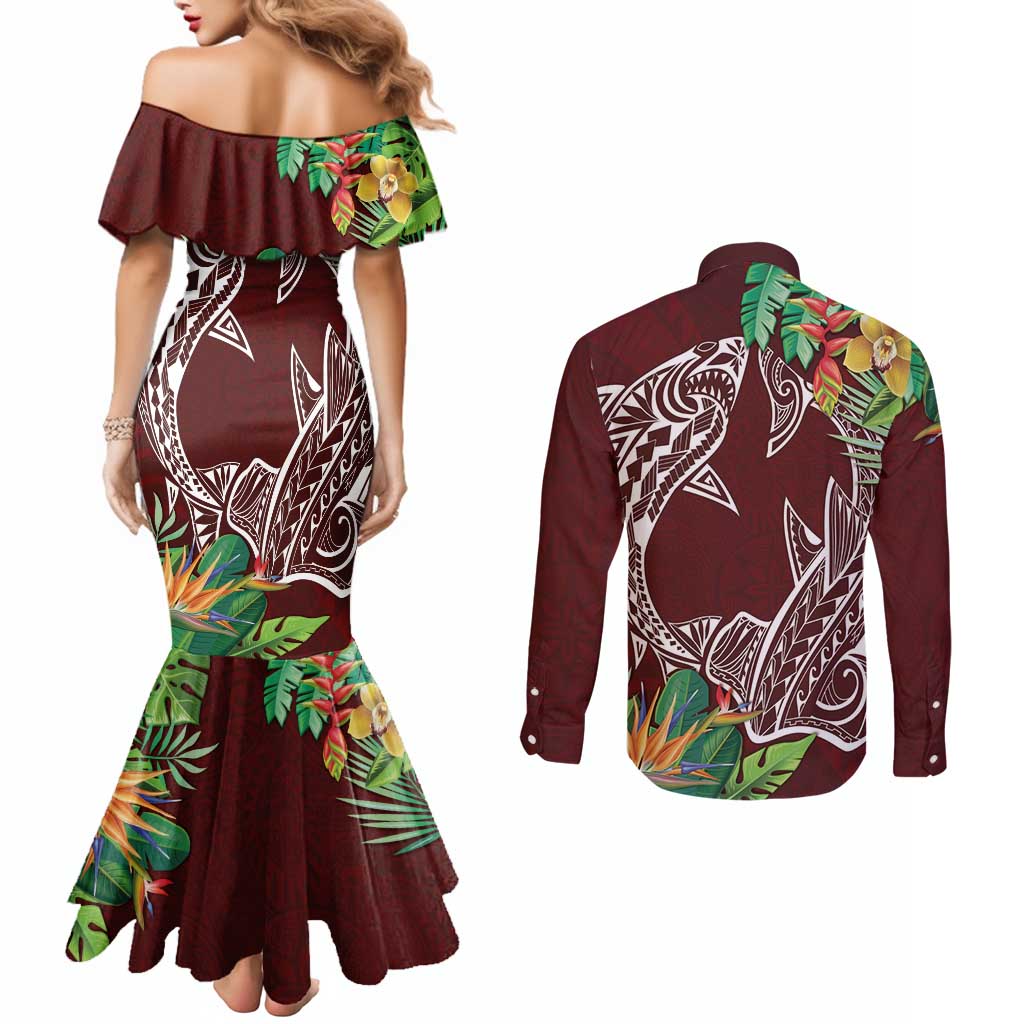 Polynesia Couples Matching Mermaid Dress and Long Sleeve Button Shirt Sharks Duo Tropical Oxblood