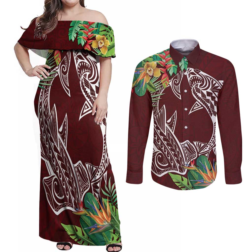 Polynesia Couples Matching Off Shoulder Maxi Dress and Long Sleeve Button Shirt Sharks Duo Tropical Oxblood