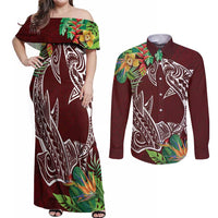 Polynesia Couples Matching Off Shoulder Maxi Dress and Long Sleeve Button Shirt Sharks Duo Tropical Oxblood