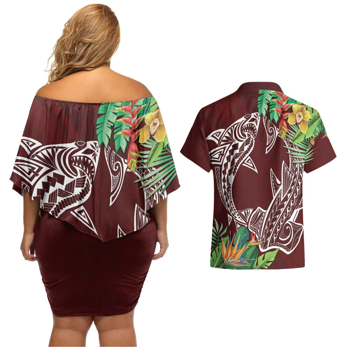 Polynesia Couples Matching Off Shoulder Short Dress and Hawaiian Shirt Sharks Duo Tropical Oxblood