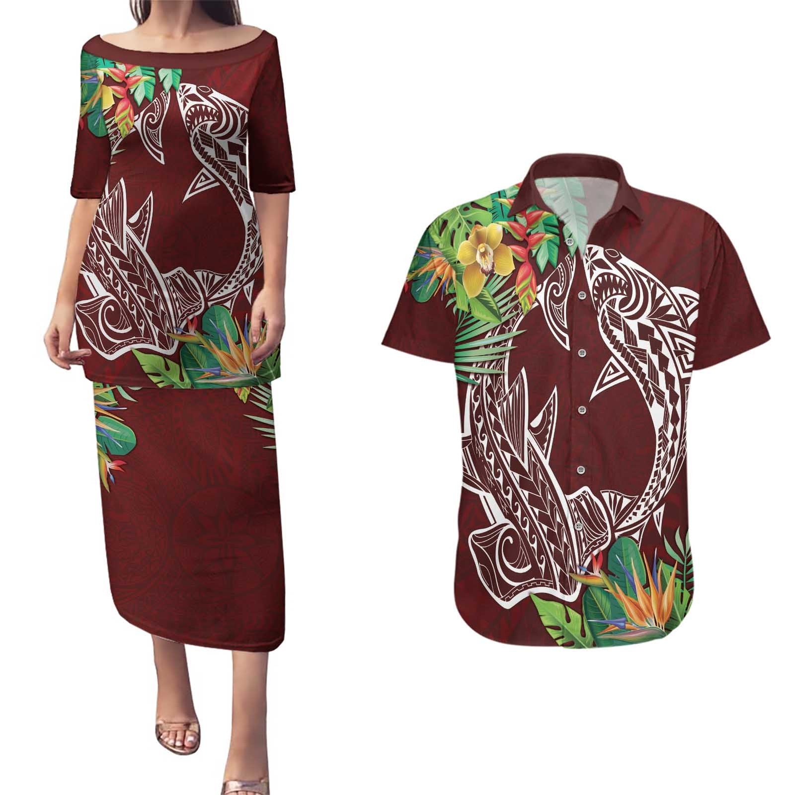 Polynesia Couples Matching Puletasi and Hawaiian Shirt Sharks Duo Tropical Oxblood