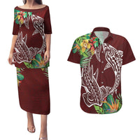Polynesia Couples Matching Puletasi and Hawaiian Shirt Sharks Duo Tropical Oxblood