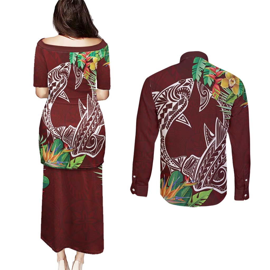 Polynesia Couples Matching Puletasi and Long Sleeve Button Shirt Sharks Duo Tropical Oxblood